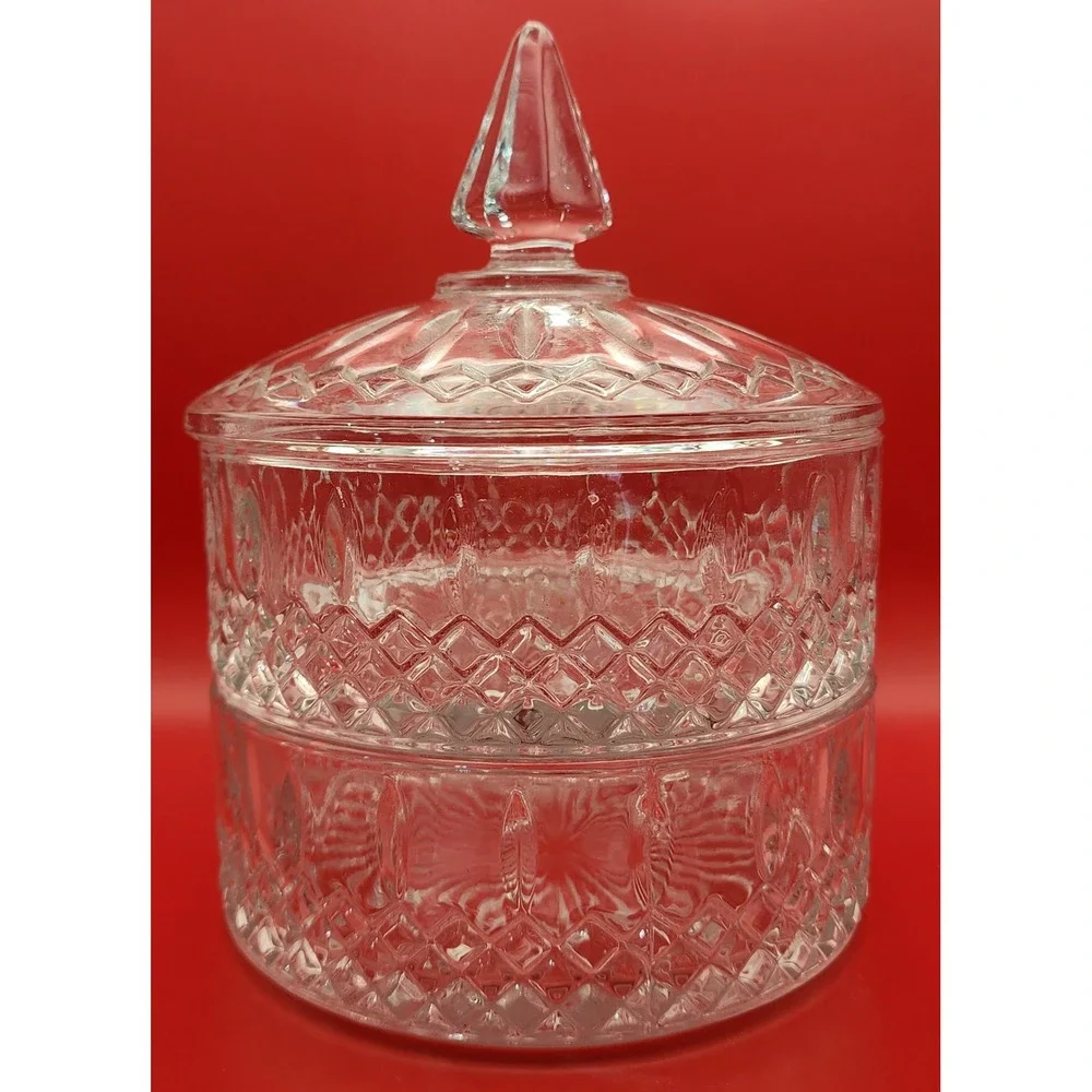 Vintage Clear Pressed Glass 2 Tier Stacked Candy Dish with Lid Diamond Pattern